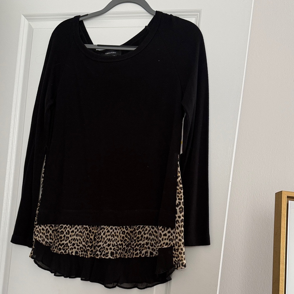 Karen Kane Black Long-Sleeve Top with Leopard Print Ruffle Hem